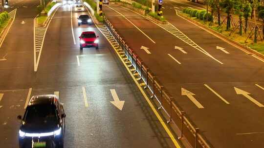 夜景道路三车道车流行驶隧道口快速路