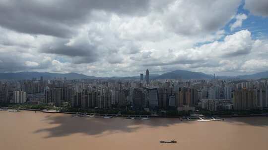 温州瓯江两岸高楼建筑蓝天白云航拍视频素材模板下载