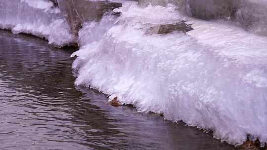 初春 冰雪融化 解冻 冰层 流水 融冰 河流