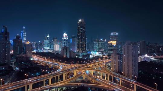 上海延安路立交车流夜景航拍视频素材模板下载