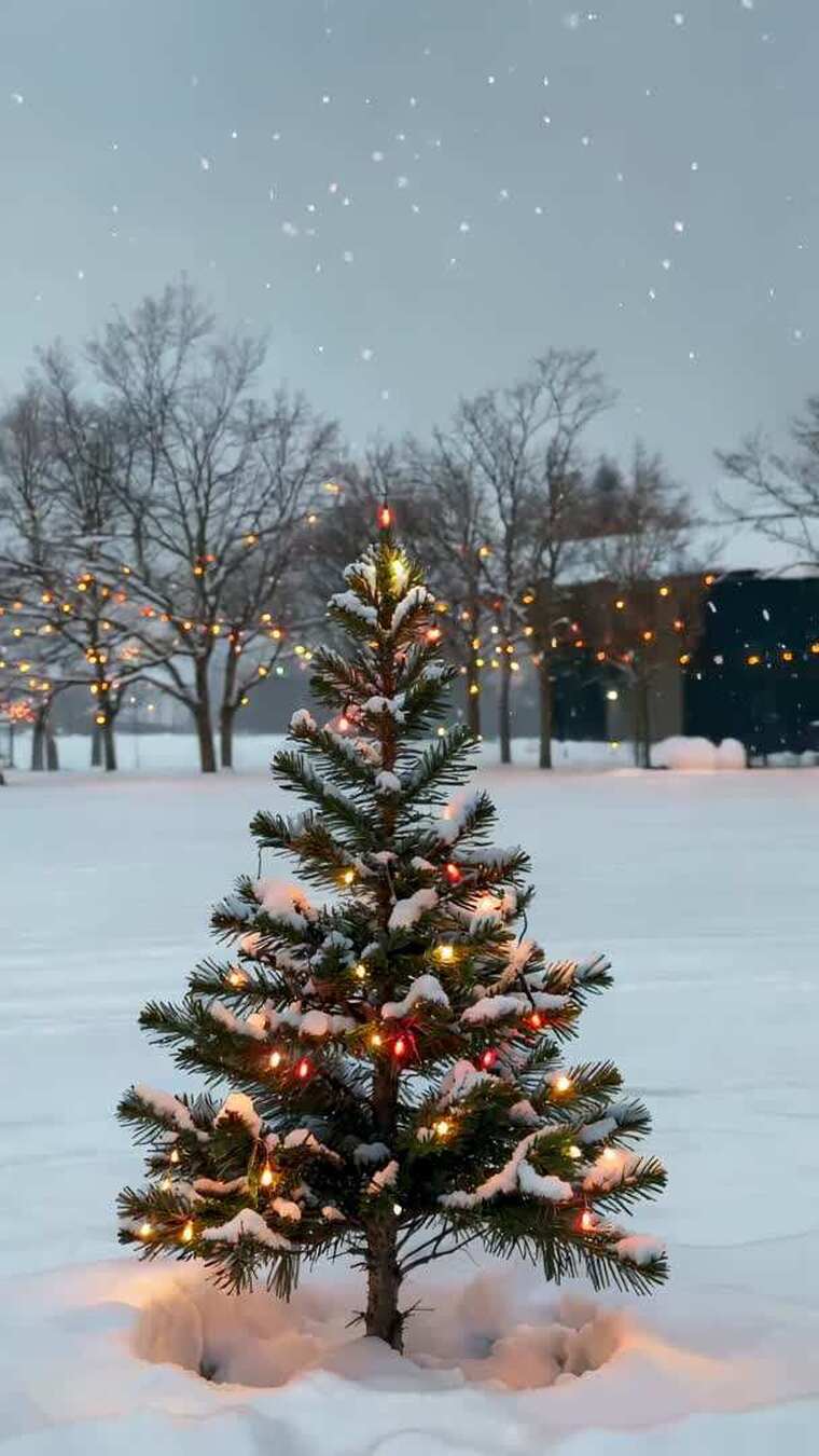 雪地中的装饰圣诞树