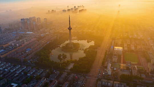 中国辽宁营口市西市区城市日出航拍延时