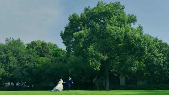 夫妻婚纱草坪奔跑