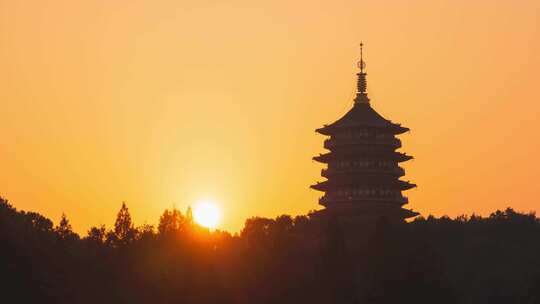 杭州西湖雷峰塔日落黄昏建筑风景延时