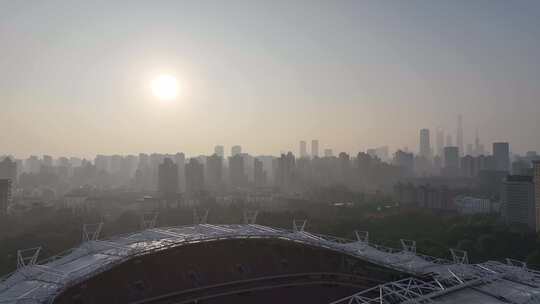 上海虹口足球场清晨航拍视频素材模板下载
