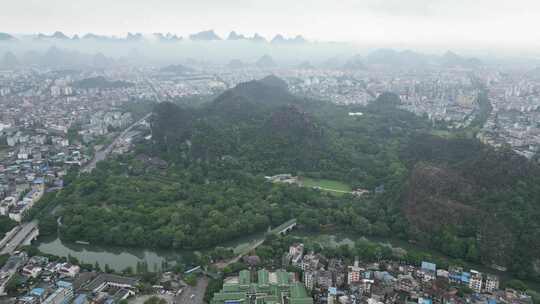 广西桂林城市风光航拍桂林清晨烟雨桂林