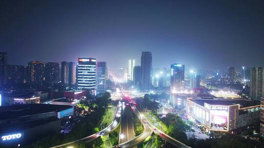 航拍夜晚杭州滨江时代大道中兴立交夜景