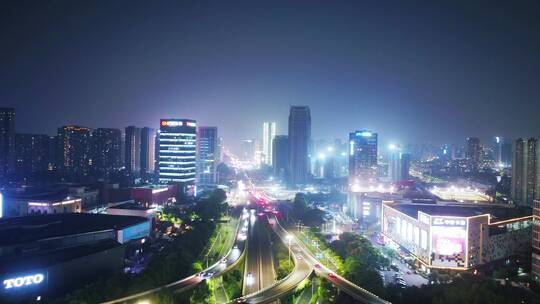 航拍夜晚杭州滨江时代大道中兴立交夜景视频素材模板下载