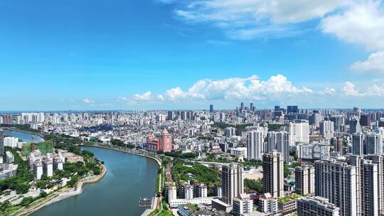 航拍海南海口海甸河滨江城市风光