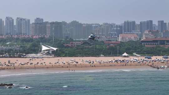 青岛海水黄金海水浴场海岸线直升机