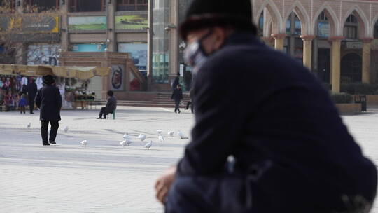 新疆喀什广场上的白鸽、玩具马、路人视频素材模板下载
