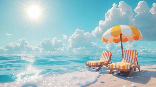 海边沙滩遮阳伞躺椅风景