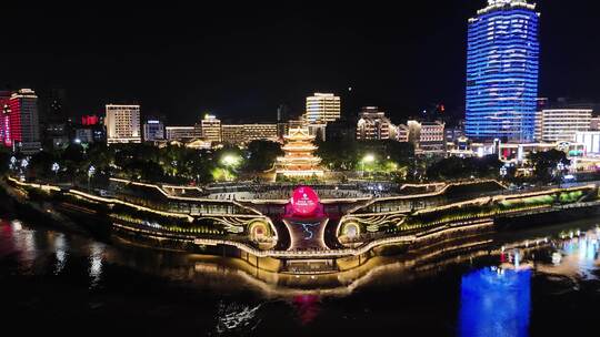 四川宜宾合江楼长江之珠夜景灯光航拍