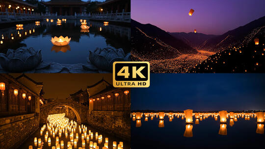 古风场景放河灯孔明灯画面