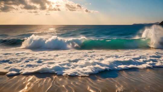 海边日落海浪翻涌景象
