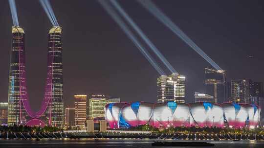 杭州亚运会 奥体中心 杭州之门灯光秀延时