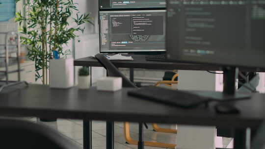 带多台显示器的空办公桌，显示服务器代码和编程语言