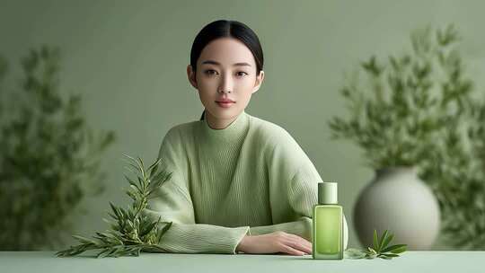 亚洲女性展示绿色香水清新自然