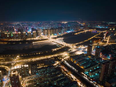 沈阳城市夜景航拍素材