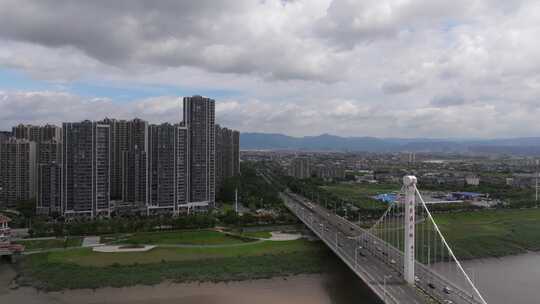 莆田木兰溪城市高楼与大桥航拍全景