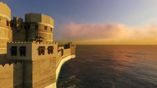 日落时海中的3D城堡