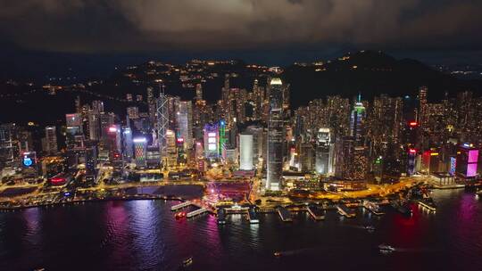 航拍中国香港维多利亚港现代城市夜景