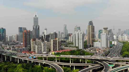 航拍上海延安路高架桥城市风光