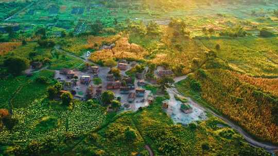无人机航拍非洲森林日出草原河流村庄天际线