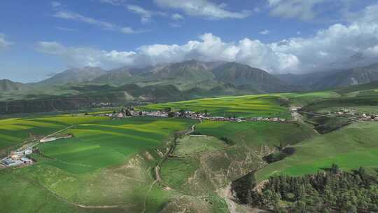 青海祁连县夏塘村乡村田园航拍风光