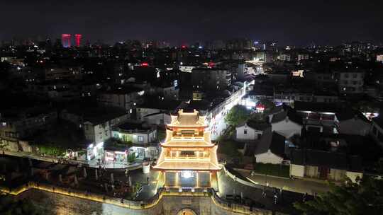 广东潮州古城下水门城楼夜景灯光航拍