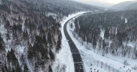 空中俯瞰积雪森林间的道路