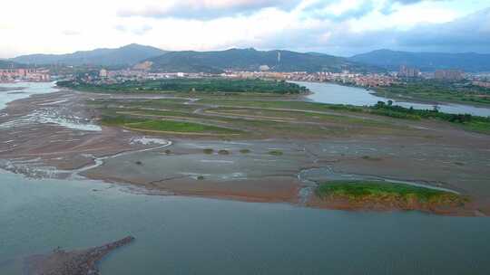 航拍闽江小岛果园茉莉花田沙洲湿地河汊白鹭