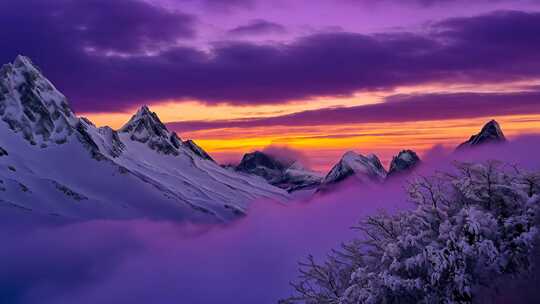 壮观的雪山云海日出景色