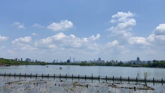 济南5A级景区大明湖公园，蓝天白云风景如画视频素材模板下载