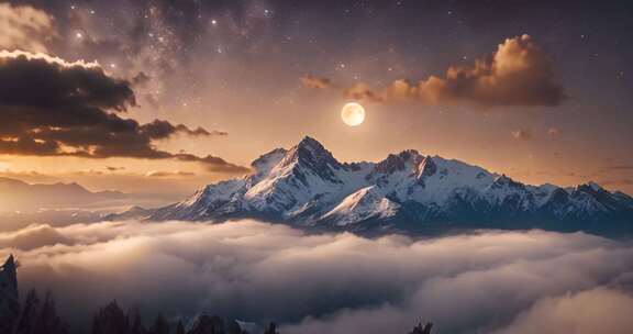 雪山云海星空月夜美景