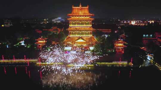 枣庄台儿庄古城夜景打树花航拍宣传片段