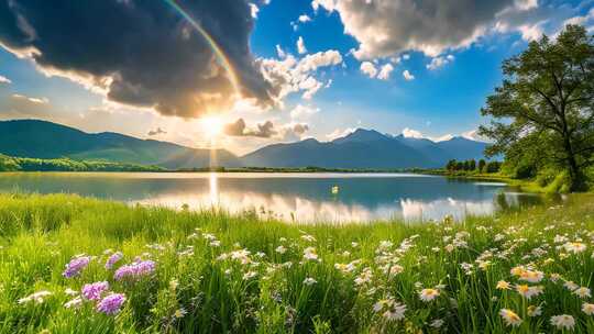 湖边彩虹与花草山水美景