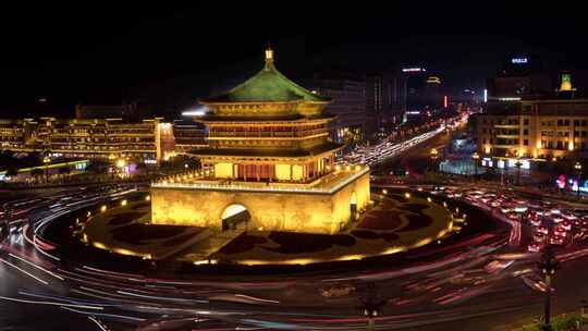 西安钟楼地标夜景车流光轨车水马龙延时摄影