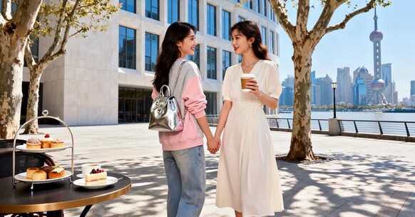 上海街头两位女子牵手场景