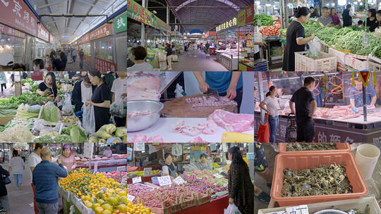 菜市场买菜卖肉海鲜菜市农贸市场集市农产品高清在线视频素材下载