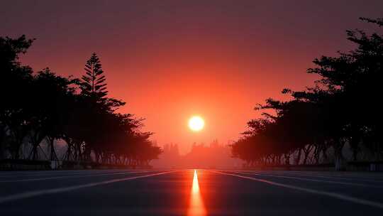 道路尽头唯美日出光芒四射