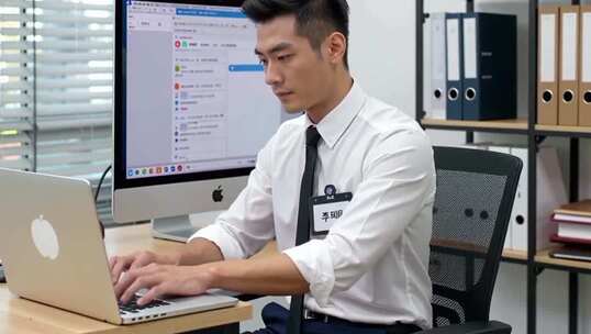 商务男士办公室使用笔记本电脑