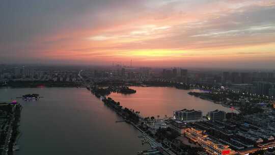 航拍山东聊城东昌湖景区夕阳晚霞