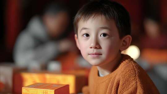 温馨家庭聚会中儿童的专注瞬间