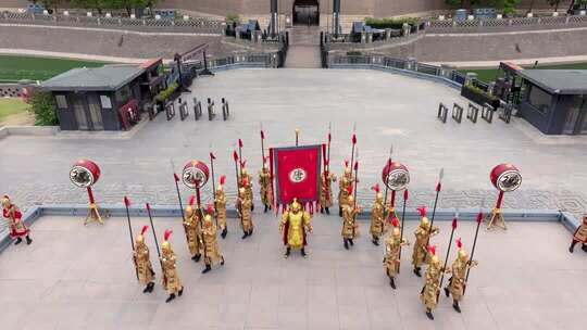 西安永宁门仿古迎宾礼开城仪式航拍震撼城门