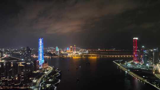 珠海澳门夜景航拍横琴新区城市夜晚建筑风光