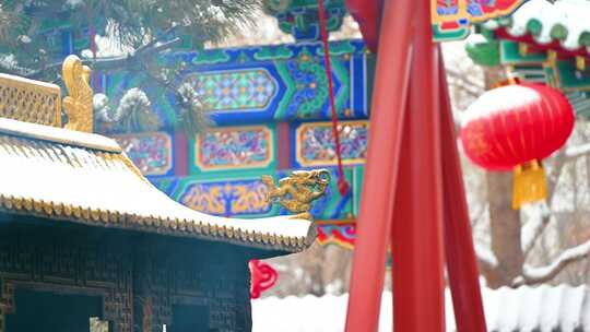 北京冬季下雪天烧香庙宇风光