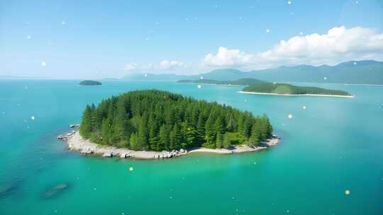 绿色海岛山水风景4k粒子背景视频