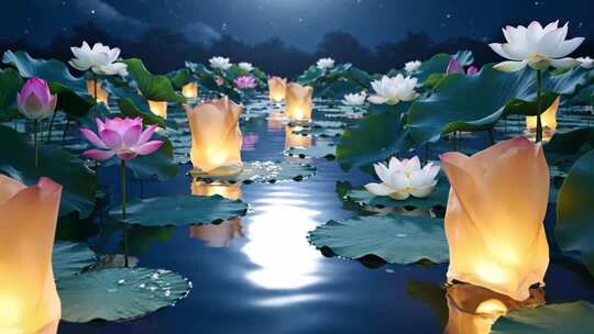 荷塘荷花夜景放河灯