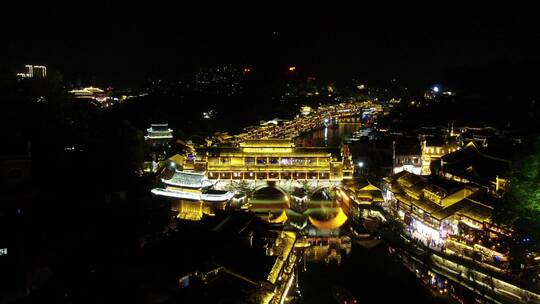 航拍沿江古镇古建筑夜景